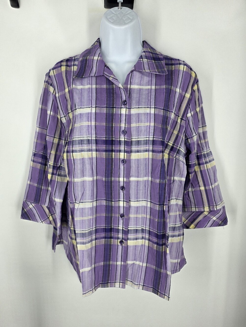 Kim Rogers Petite Plaid Button Up Shirt 12P Purple Yellow 3/4 Sleeve Blouse NWT